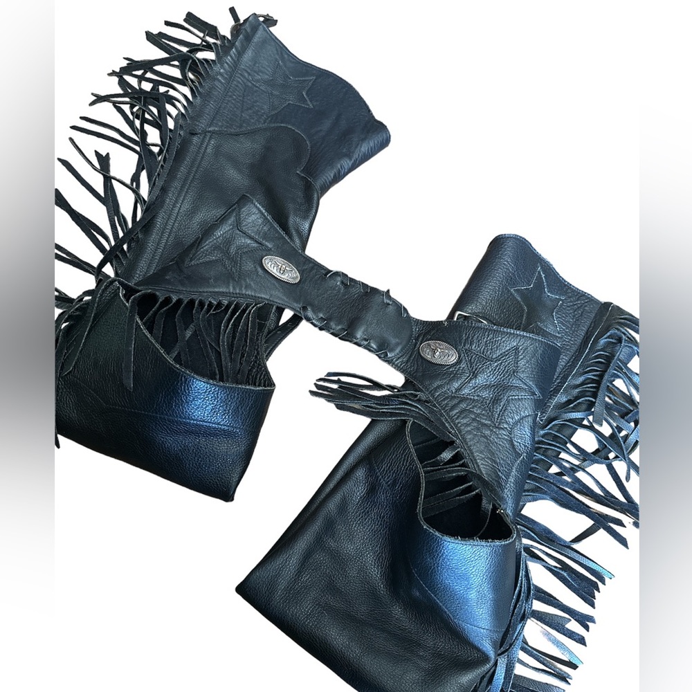 Genuine leather American made USA chaps fringe stars ornate embellished. Black